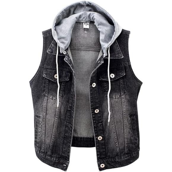 Women's Distressed Sleeveless Denim Vest with Detachable Hoodie Black